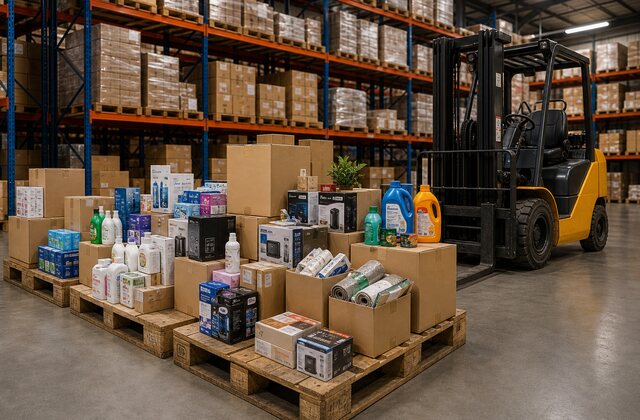 Restpartijen en overtollige voorraad op pallets in een magazijn