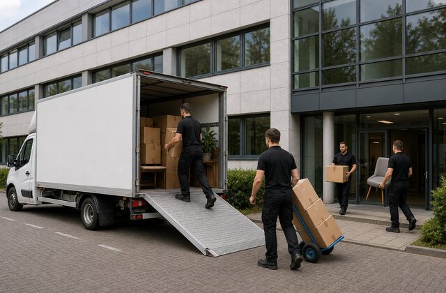 Professioneel team ontruimt een volledig pand met verhuiswagen