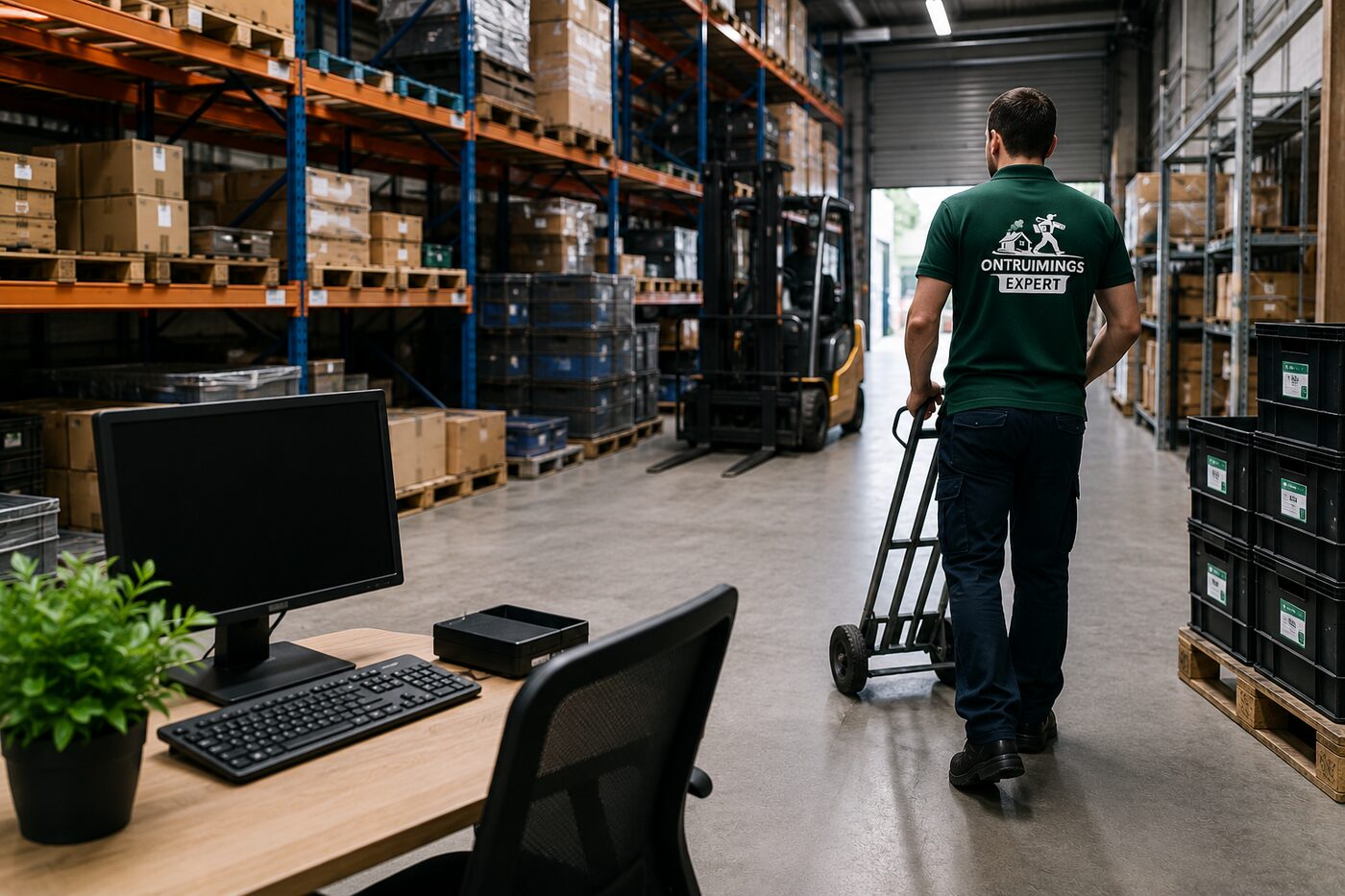 Magazijnruimte met dozen en stellingen