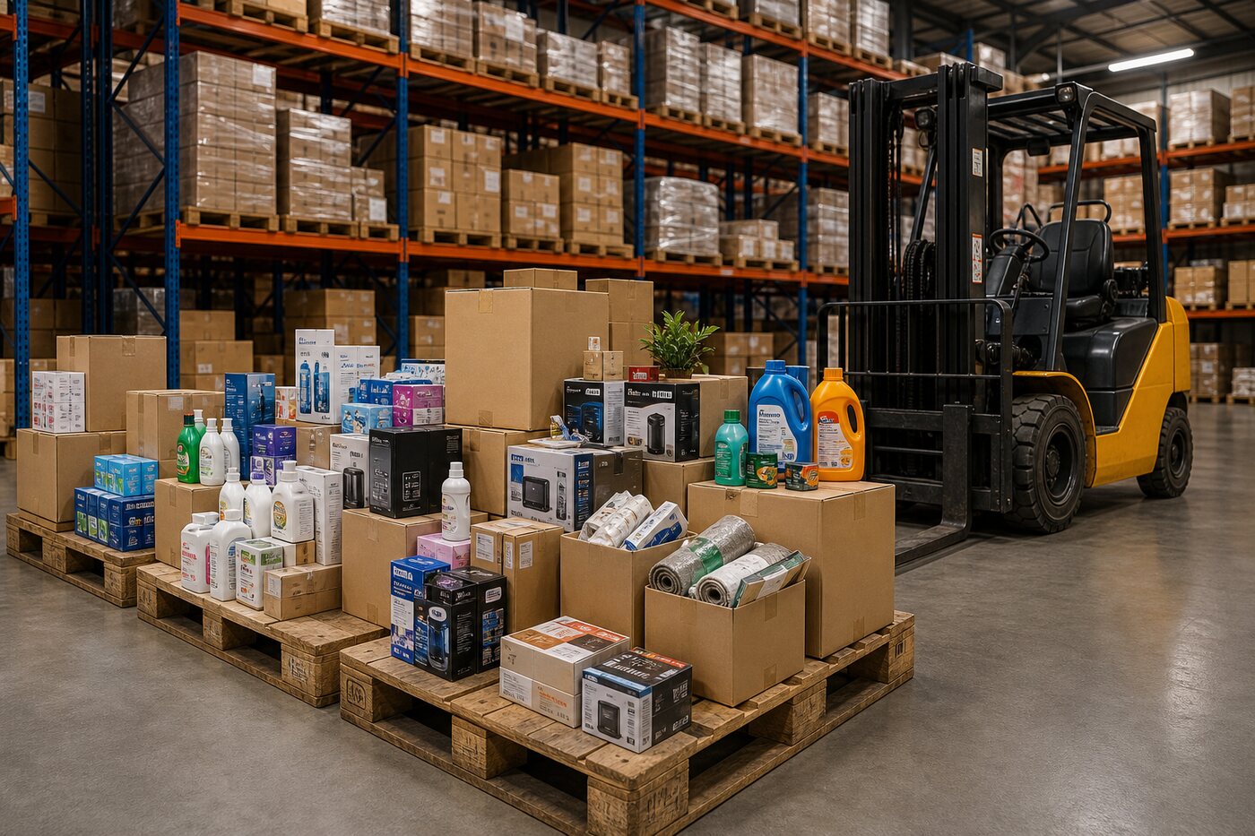 Restpartijen en overtollige voorraad op pallets in een magazijn